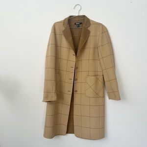 DKNY Tan and Camel Windowpane Plaid Wool Coat